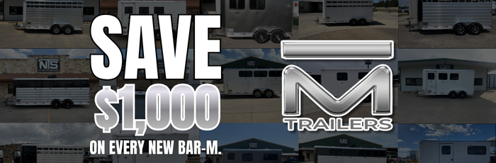 Save $1,000 on New Bar-M Trailers in Pasadena, TX | National Trailer Source Show more lines Bar-M trailer sale in Pasadena TX. Save $1,000 on every new Bar-M horse and livestock trailer at National Trailer Source.